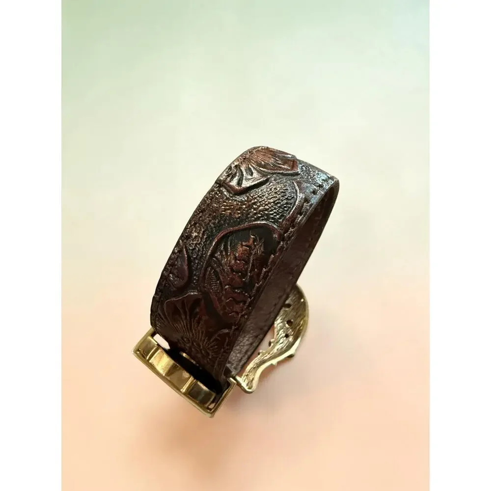 Barse Coral Tooled Leather Belt Buckle Bracelet Western Boho Thailand 11